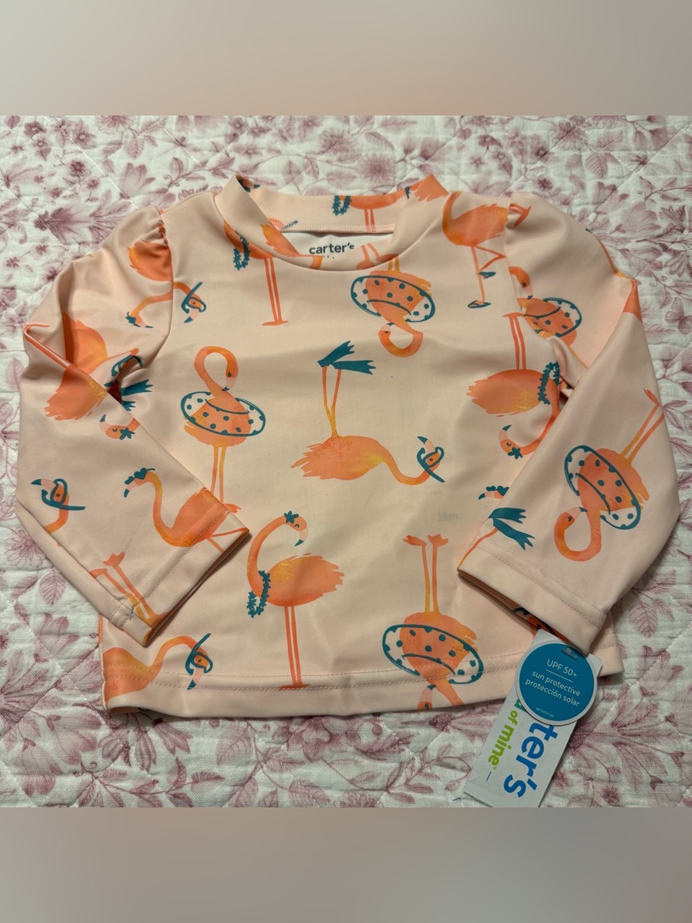 Carter’s Flamingo UPF 50+ Rash Guard Top Size 18 months long sleeve NEW